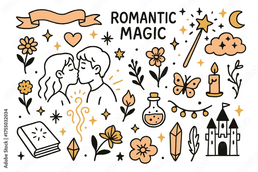 Naklejka premium Romantic Fantasy Elements. Romantic Magic. Hand-drawn doodle illustration Couple, kiss, heart, magical sparkles, wand, glowing aura, stars, moon, cloud,
