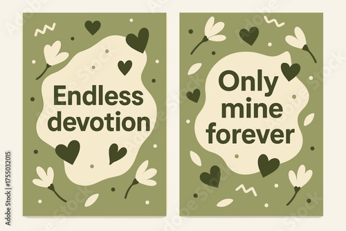 Endless Devotion Banners. Endless devotion. Two vertical A6 banners with safe margins, centered composition, no elements touching edges, memphis, olive green