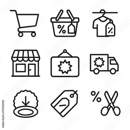 Bargain Hunt Icons. Outline icon set of bargain hunting items: shopping cart, sale basket, clearance rack, bargain sign, thrift