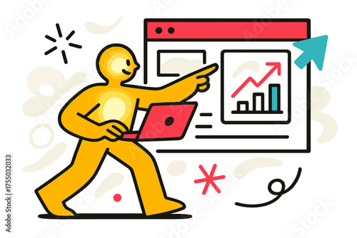 Dynamic Software Presentation. Product Demo. A glowing figure giving a live software demo on a big screen, abstract spark and arrow icons symbolizing clarity.