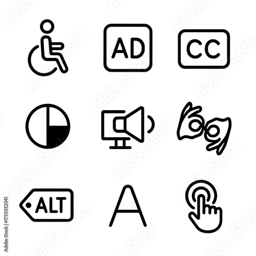 Accessibility Icon Set. Outline icon set of accessible design elements: wheelchair symbol, audio description icon, closed caption,