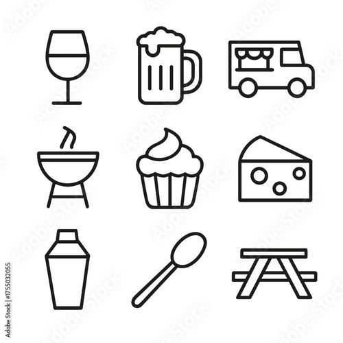 Food Festival Icons. Outline icon set of food and drink festivals: wine glass, beer mug, food truck, grill, cupcake, cheese wedge,