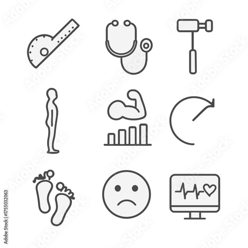 Assessment Tools Icons. Outline icon set of assessment tools: goniometer, stethoscope, reflex hammer, posture silhouette, strength