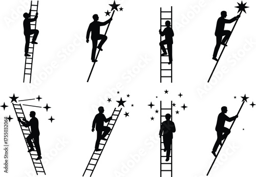 Silhouette illustration of people climbing ladders reaching stars, ambition dream concept, aspiration, success journey, achievement design