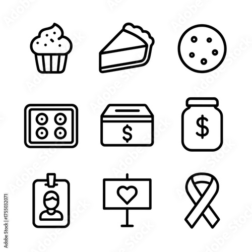 Charity Bake Sale Icons. Outline icon set of Charity bake sale event: cupcake, pie slice, cookie, baking tray, cash box, donation