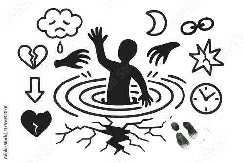 Descent into Darkness. Sinking into a pit of darkness. Hand-drawn doodle illustration sinking into a pit of darkness person silhouette, spiral pit, shadow