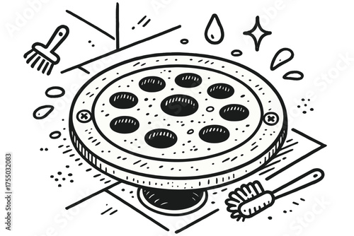 Drain Cover Doodle. Floor Drain Cover Close-Up. Hand-drawn doodle illustration floor drain cover close-up round metal grate, holes, screws, water droplets,