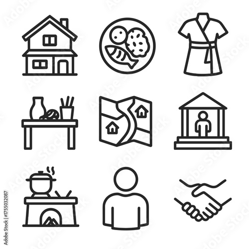 Cultural Homestay Icons. Outline icon set of cultural homestay experiences: host family house, traditional meal plate, local dress