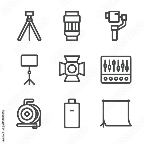 Film Equipment Icons. Outline icon set of behind-the-scenes equipment: tripod, camera lens, gimbal, light stand, spotlight, audio