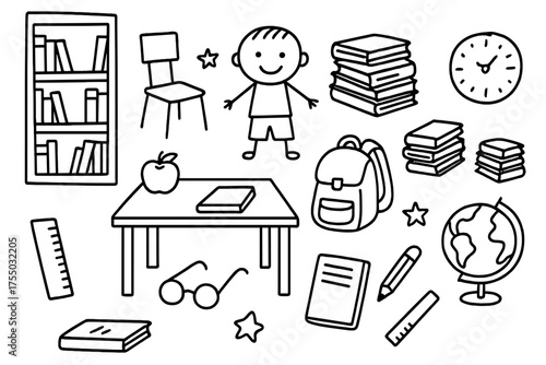 Library Study Essentials. Library study. Hand-drawn doodle illustration library study book, stack of books, chair, desk, glasses, backpack, notebook, pencil,