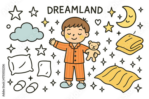 Dreamland Doodle Scene. Dreamland. Hand-drawn doodle illustration child in pajamas (colored), cloud (colored), star, moon (colored), pillow, sparkle, blanket
