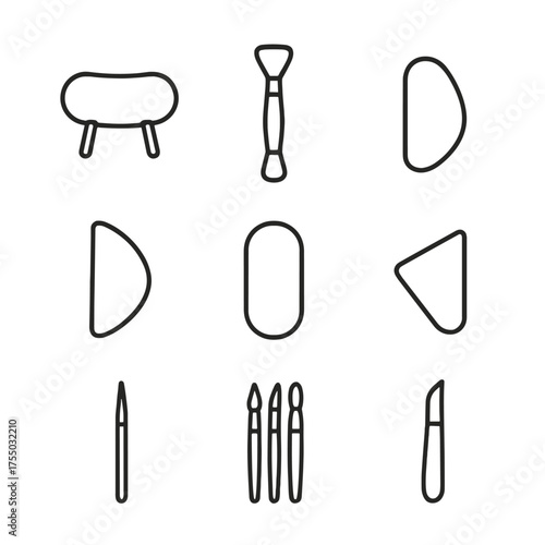 Clay Tools Outline Icons. Outline icon set of clay sculpting tools: wire clay cutter, modeling loop, ribbon tool, wooden rib,