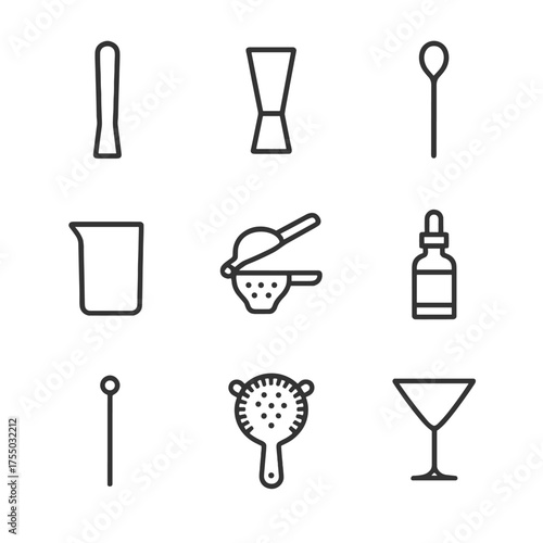 Cocktail Tool Icons. Outline icon set of cocktail mixology tools: muddler, jigger, stirring spoon, mixing glass, citrus squeezer,