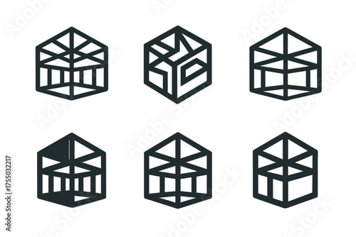 3D Logo Variations. 3D model of building skeleton. Set Logo of 3D model of building skeleton: modular prefabricated frame. harmonious logo variations of the