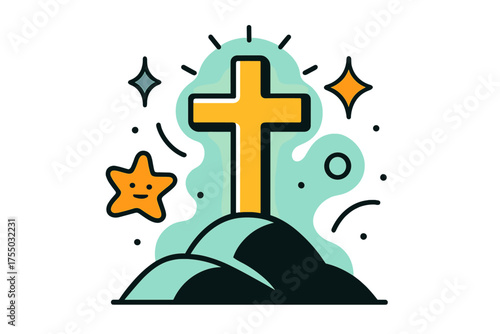 Glowing Cross Illustration. Sacred Symbol. A glowing church cross standing tall on a hill, abstract floating spark and star icons symbolizing faith and light.