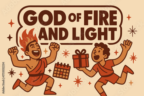 God Fire Festival. God of Fire and Light banner, flat vector illustration, bold oversized text inside sticker outline, cartoon characters shouting and dancing,