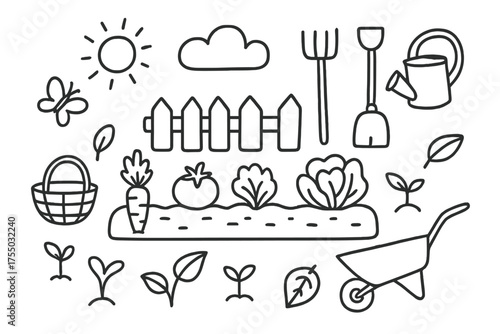 Garden Doodle Outline. Vegetable patch. Hand-drawn doodle illustration vegetable patch carrot, tomato, lettuce, watering can, shovel, rake, wheelbarrow, fence,