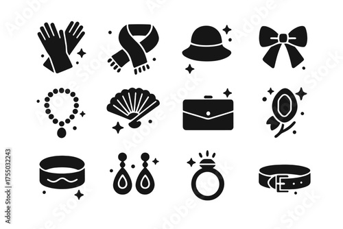 Luxury Accessories Icons. Luxury Accessories. Solid icons set of Luxury Accessories: silk gloves, scarf, hat, ribbon, necklace, hand fan, clutch bag, brooch,