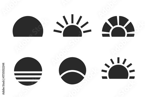 Sunrise Re-Onboarding Logos. Re-Onboarding After Burnout. Set Logo of Sunrise: Filled silhouette, Abstract geometric, Negative space, Flat solid, Symmetrical