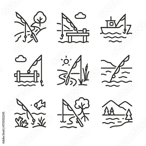 Fishing Environments Icons. Outline icon set of fishing environments: riverbank, lake dock, deep-sea boat, fishing pier, estuary,