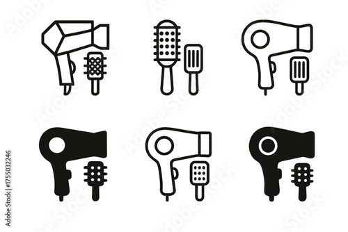 Diverse Hair Tool Logos. Blow dryer and styling tools. Set Logo of Blow dryer and styling tools: Round styling brush. harmonious logo variations of the same