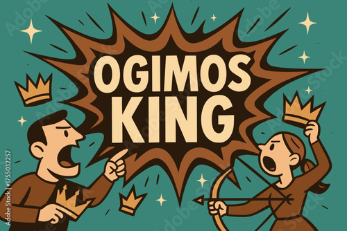 King's Animated Explosion. Ogimos King banner, flat vector illustration, bold oversized text inside splash explosion, cartoon characters shouting and pointing,