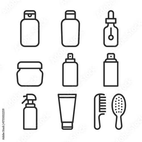 Haircare Icons Grid. Outline icon set of haircare product arrangement: shampoo bottle, conditioner bottle, hair oil dropper, hair