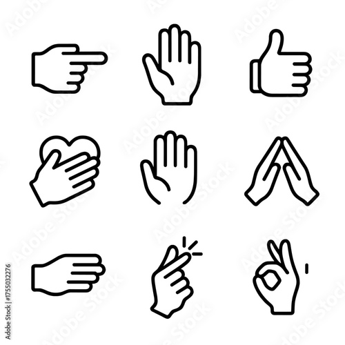 Hand Gesture Icons. Outline icon set of hand gestures for emphasis: pointing finger, open palm, thumbs up, clenched fist, hand on
