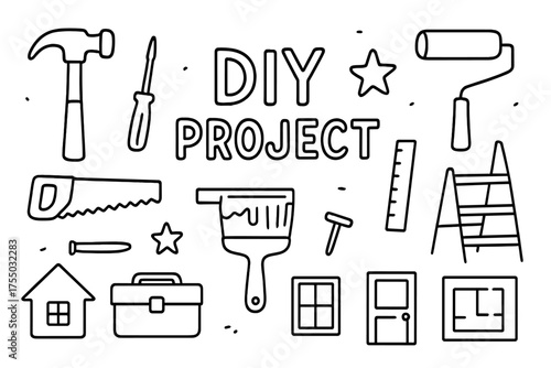 DIY Tools Doodle. DIY project. Hand-drawn doodle illustration DIY project hammer, screwdriver, saw, brush, paint roller, toolbox, ruler, ladder, nail, star,