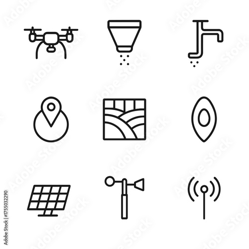 Drone Seeding Icon Set. Outline icon set of drone seeding operations: quadcopter drone, seed hopper, planting arm, GPS module,