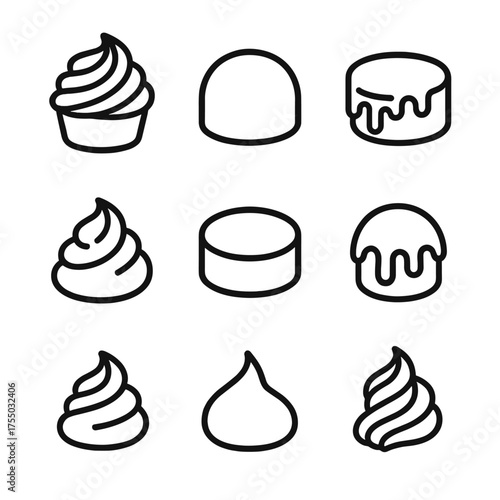 Frosting Style Icons. Outline icon set of frosting styles: buttercream swirl, smooth fondant, ganache drip, whipped cream dollop,