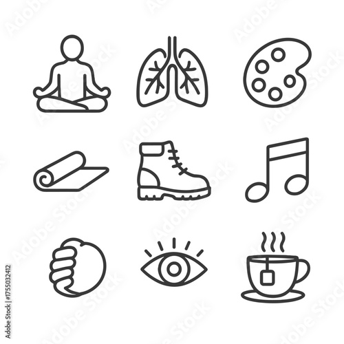 Coping Strategies Icons. Outline icon set of coping strategies: mindfulness meditation pose, deep breath lungs, art palette, music
