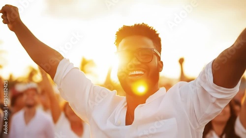 Euphoric man enjoying music festival at sunset, raising arms and smiling