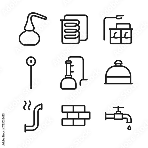 Distillation Equipment Icons. Outline icon set of copper stills and distillation equipment: pot still, condenser coil, spirit safe