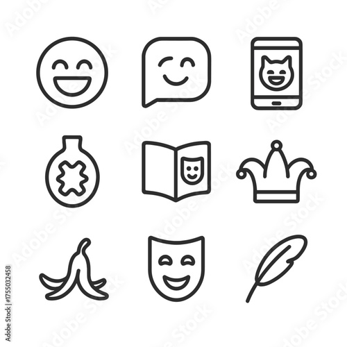 Humor Triggers Icons. Outline icon set of humor triggers in friendships: laughing face, inside joke speech bubble, shared meme,