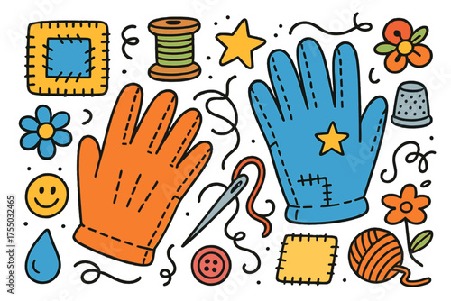 Colorful Glove Doodle. Leather Gloves. Colorful Hand-drawn doodle Children illustration gloves, patch, stitches, thread, button, star, heart, smiley face,