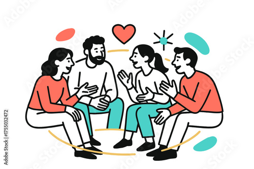 Teamwork and Trust. Open Discussion. A glowing casual circle of teammates talking, abstract spark and heart icons symbolizing trust and openness. Modern
