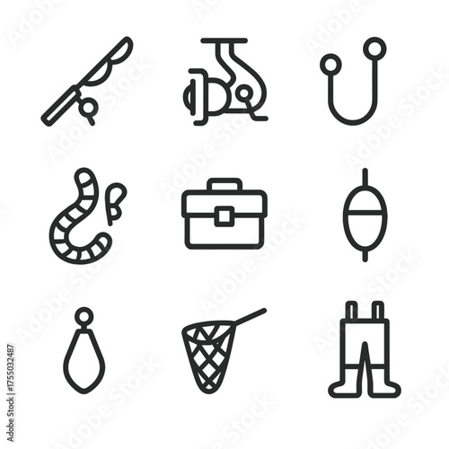 Fishing Gear Icons. Outline icon set of fishing gear: fishing rod, spinning reel, fishing hook, bait (worm), tackle box, bobber,