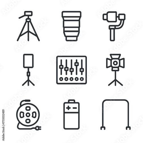 Film Equipment Icons. Outline icon set of behind-the-scenes equipment: tripod, camera lens, gimbal, light stand, spotlight, audio