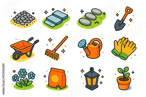 Garden Path Icons. Outdoor Path. Colorful isometric vector icons set of outdoor path: gravel, stone slabs, stepping stones, shovel, wheelbarrow, rake, watering