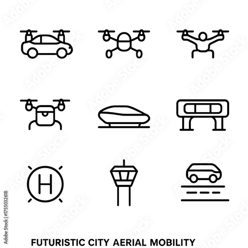 Futuristic City Transport Icons. Outline icon set of a futuristic city aerial mobility: flying car, hover taxi, personal drone,
