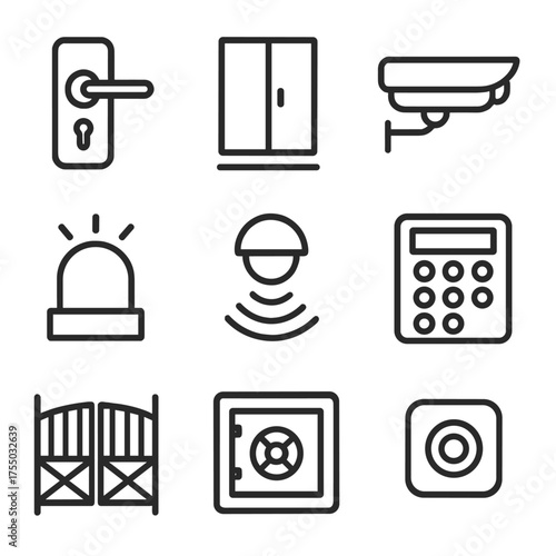 Home Security Icons. Outline icon set of home security measures: door lock, window sensor, security camera, alarm siren, motion