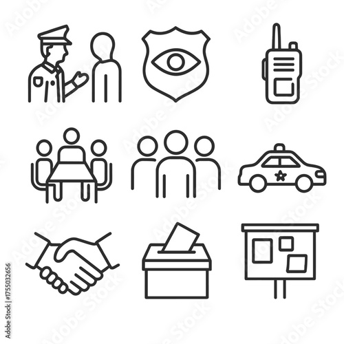 Community Policing Icons. Outline icon set of Community policing initiatives: police officer talking to resident, neighborhood