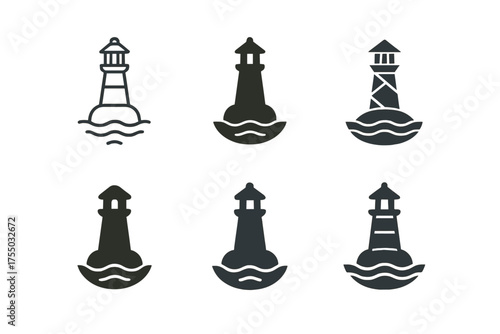Buoy Logo Variations. buoy floating. Set Logo of buoy floating: Lighthouse. harmonious logo variations of the same emblematic concept, each with different