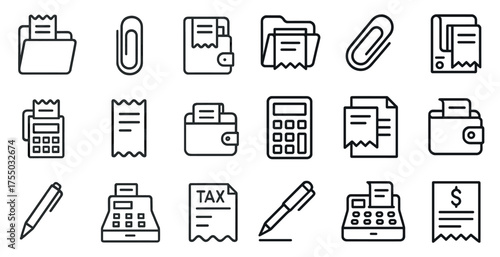 Office and billing line icons set – outline, silhouette, documents and accounting