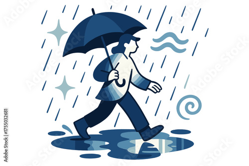 Glowing Rainy Stroll. Rainy days and umbrellas. Glowing figure walking with umbrella under falling rain, puddles reflecting light. Floating icons of sparkle,
