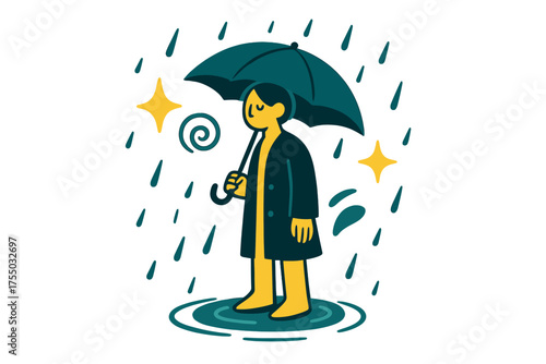 Glowing Rainy Reflection. Quiet rain. Glowing person alone under umbrella, standing still as raindrops ripple on the ground. Floating icons of sparkle, swirl,