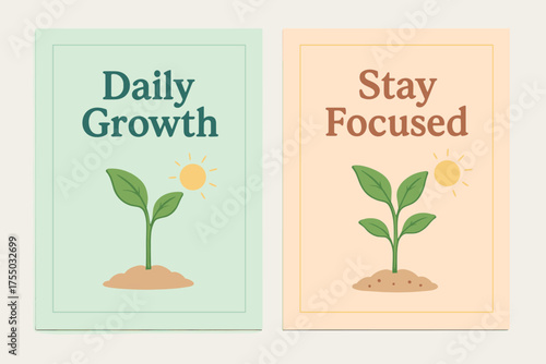 Growth Focus Banners. Growth. Two vertical A6 banners with safe margins, centered composition, no elements touching edges, pastel style, mint and peach, plant