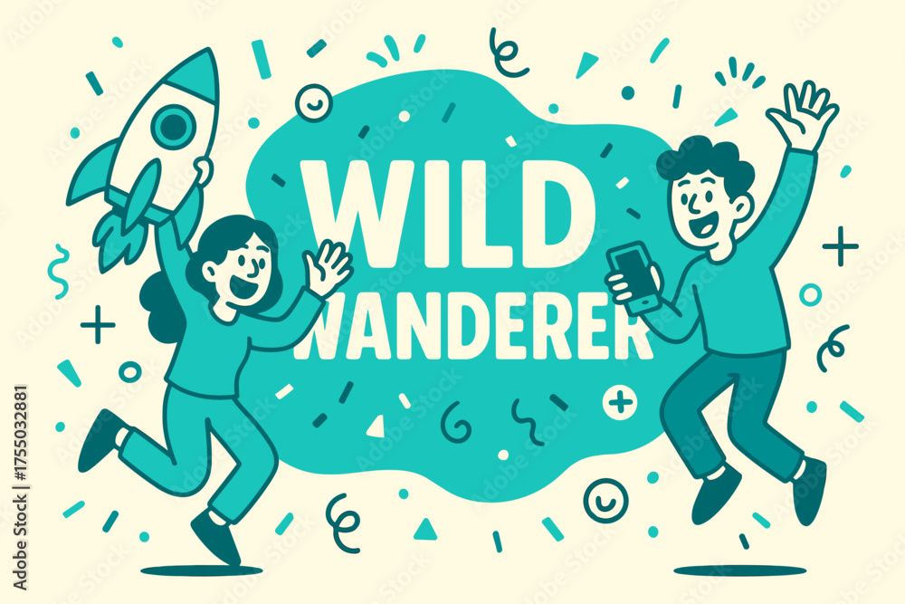 Fototapeta premium Wild Wanderer Banner. Wild Wanderer banner, flat vector illustration, bold oversized text inside rounded blob, cartoon characters jumping and waving, holding