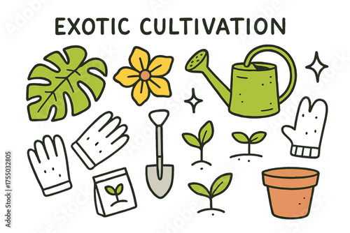 Tropical Gardening Doodle. Exotic Cultivation. Hand-drawn doodle illustration tropical leaf (colored), rare flower (colored), watering can (colored), sparkle,